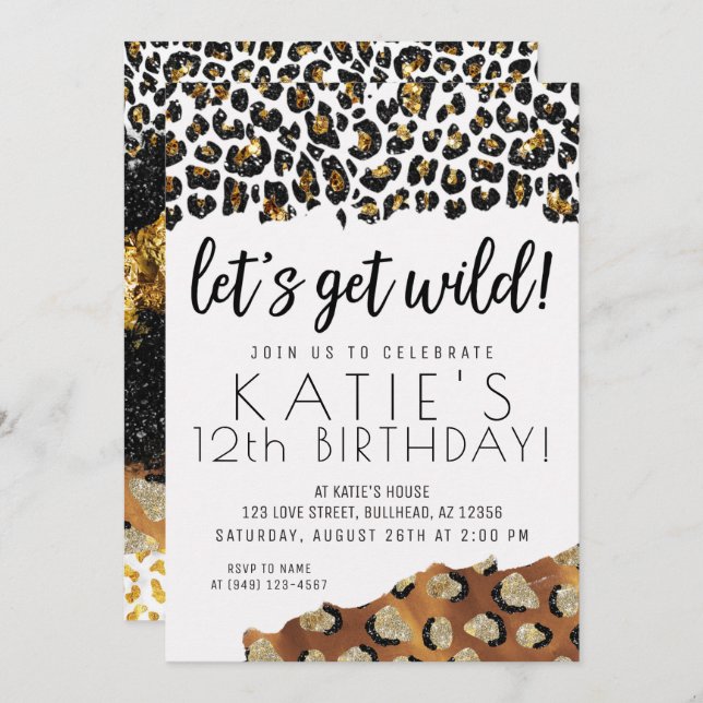 Leopard Print Let's Get Wild Gold Glitter Birthday Invitation (Front/Back)