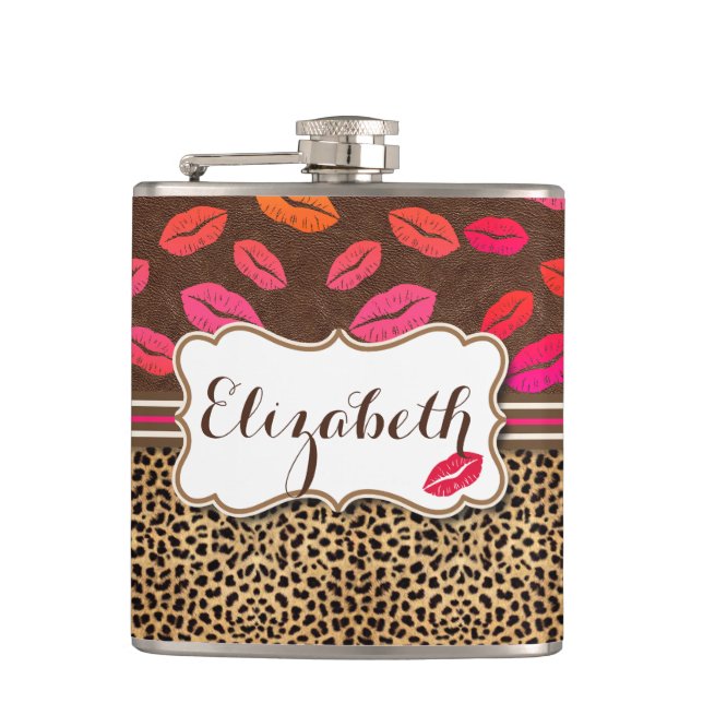 Leopard Print Lips Kisses Personalised Hip Flask (Front)