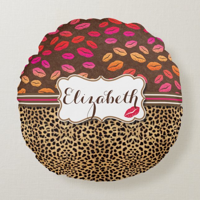 Leopard Print Lips Kisses Personalised Round Cushion (Front)