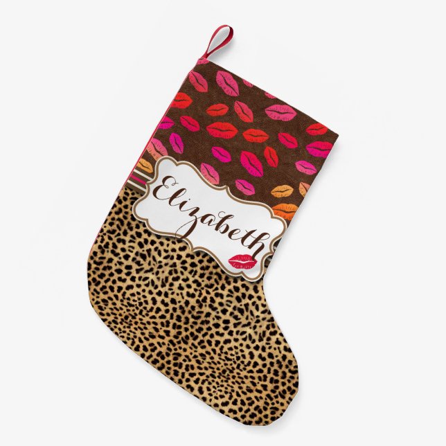 Leopard Print Lips Kisses Personalised Small Christmas Stocking (Front (Hanging))