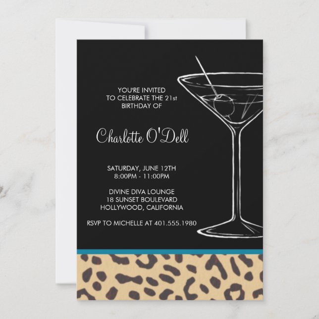 leopard print martini birthday invitation (Front)