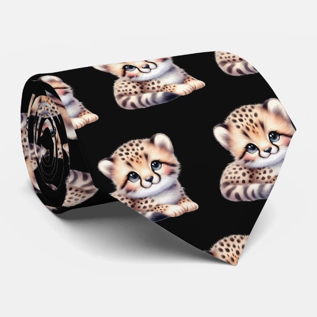 Leopard Print Modern Kawaii Cute Cheetah Babies Tie (Rolled)