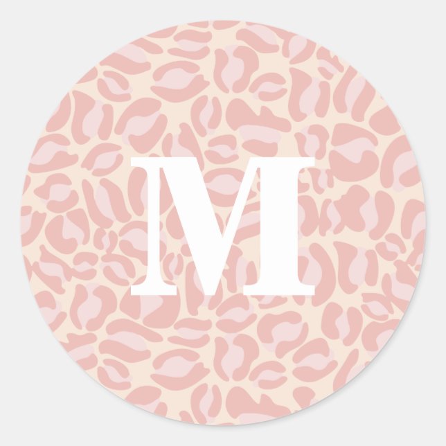 Leopard Print Monogram Classic Pink Jungle Party Classic Round Sticker (Front)