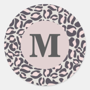 Leopard Print Monogram Classic Pink Jungle Party Round Sticker