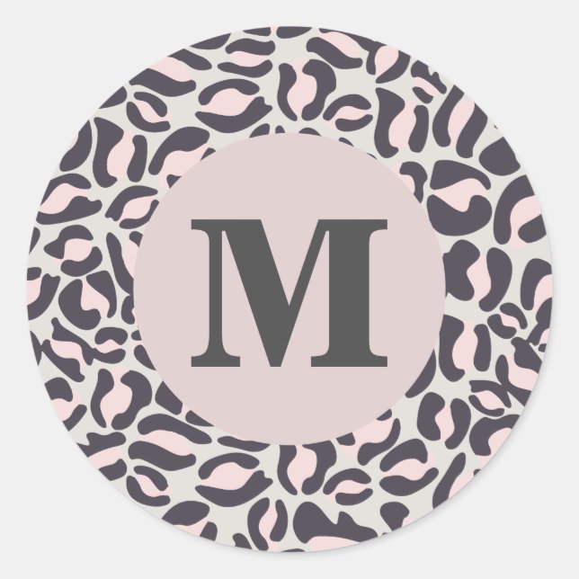 Leopard Print Monogram Classic Pink Jungle Party Round Sticker (Front)