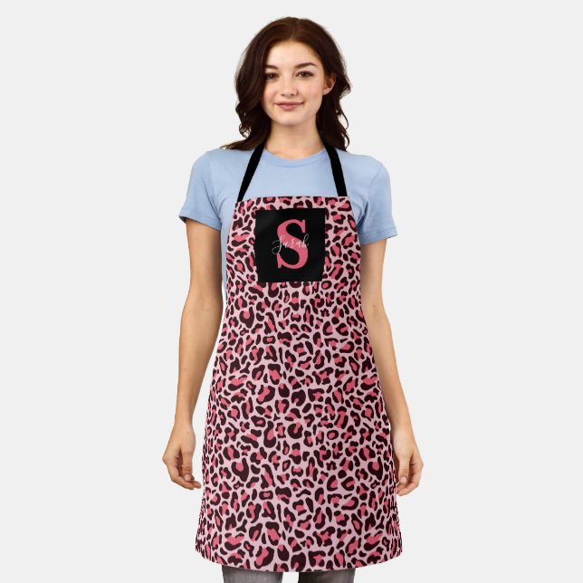 Leopard Print Monogram Trendy Hot Pink Apron (Worn)