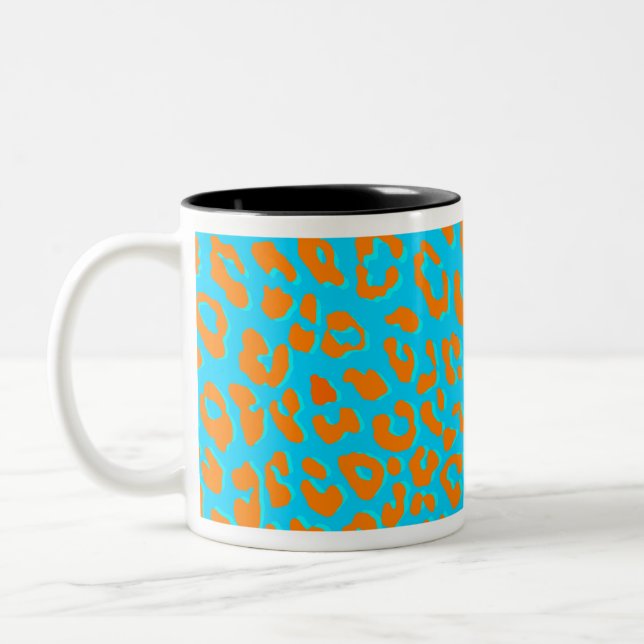 Leopard Print Orange Blue Two-Tone Coffee Mug (Left)