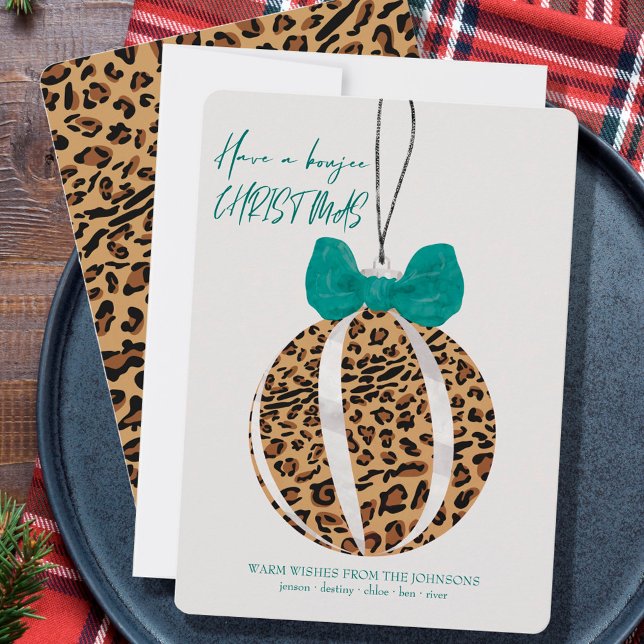 Leopard Print Ornament Green Bow Boujee Christmas Holiday Card (Creator Uploaded)