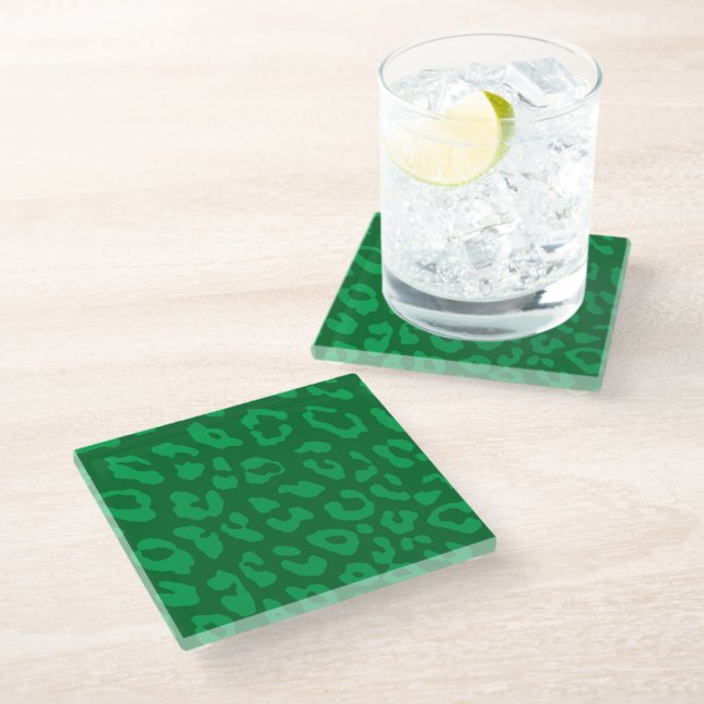 Leopard Print Pale Greens Glass Coaster (Angled)