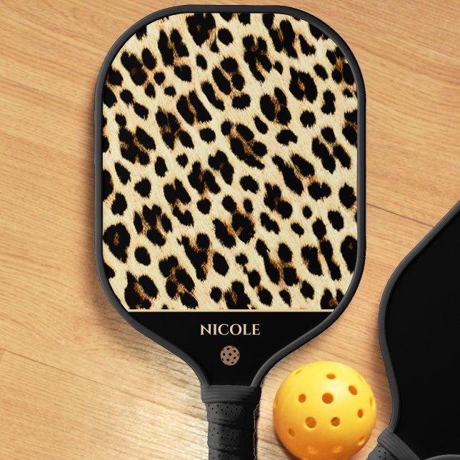 Leopard Print Pattern Black & Tan Light Brown Pickleball Paddle (leopard print pickleball paddle)