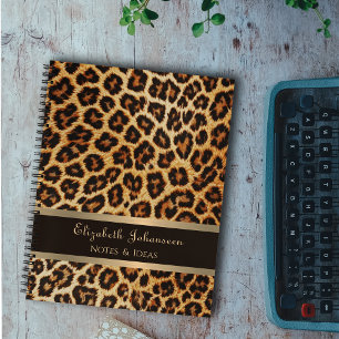 Leopard print pattern Brown Gold foil stripe Name Notebook