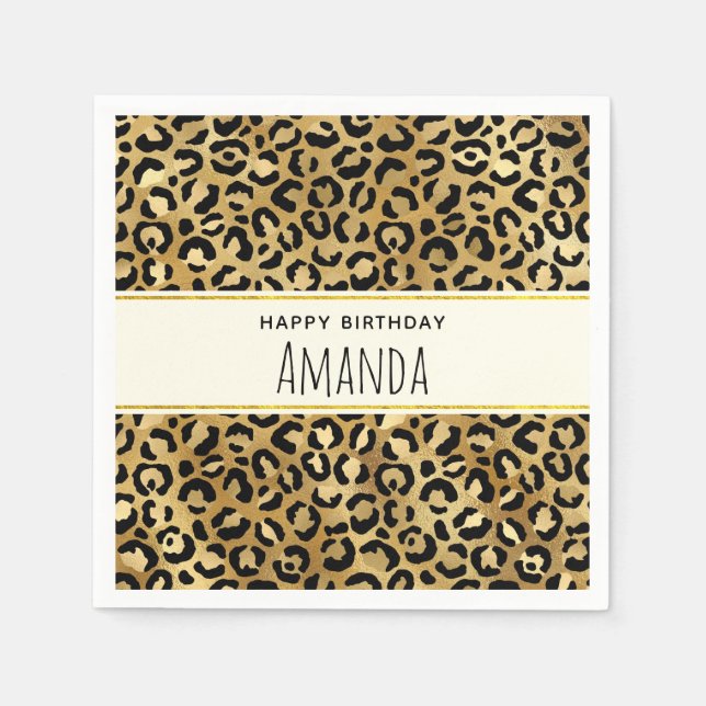 Leopard Print Pattern in Gold and Black Birthday Napkin (Front)