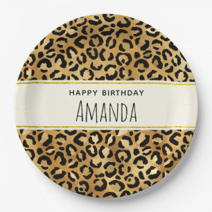 Leopard Print Pattern in Gold and Black Birthday Paper Plate