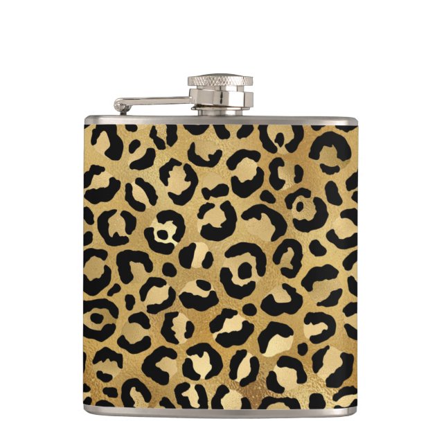 Leopard Print Pattern in Gold and Black Hip Flask (Front)