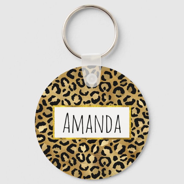 Leopard Print Pattern in Gold and Black Key Ring (Front)