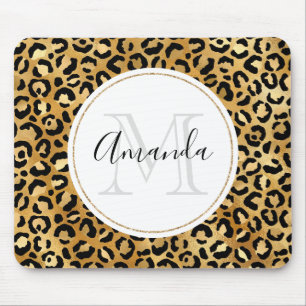 Leopard Print Pattern in Gold and Black Monogram Mouse Pad
