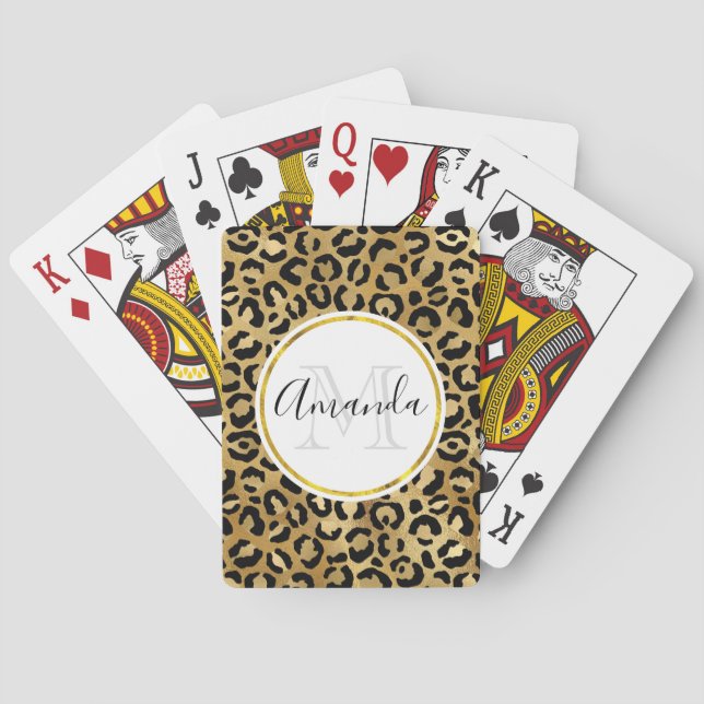 Leopard Print Pattern in Gold and Black Monogram Playing Cards (Back)