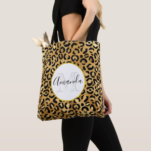 Leopard Print Pattern in Gold and Black Monogram Tote Bag