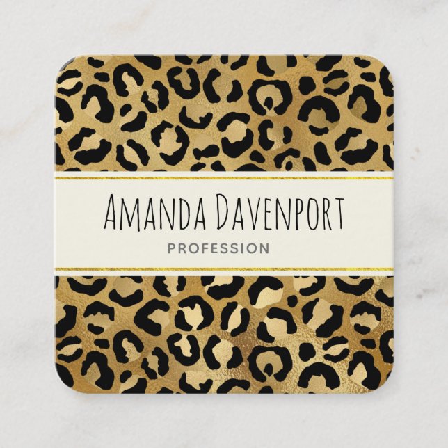 Leopard Print Pattern in Gold and Black Square Bus Business Card (Front)