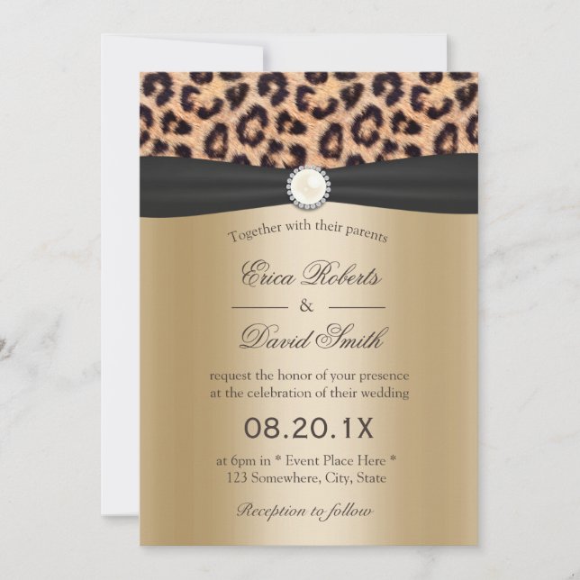 Leopard Print Pearl & Black Ribbon Elegant Wedding Invitation (Front)