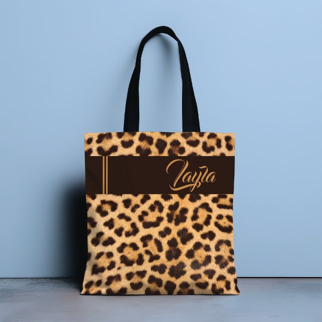 Leopard Print Personalised Gold Script Name Tote Bag (Creator Uploaded)
