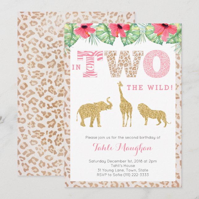 Leopard Print Pink and Gold 2nd Birthday Safari Invitation (Front/Back)