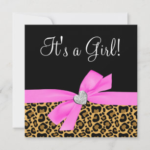 Leopard Print Pink Bow Diamond Girl Baby Shower Invitation