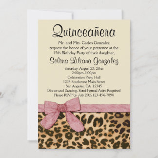 Leopard Print Pink Bow Girl Quinceañera Invitation
