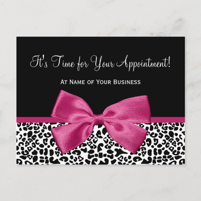 Leopard Print Pink Bow Salon Appointment Reminder Postcard (Front)