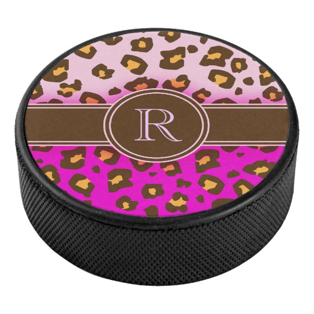 Leopard print pink brown monogram hockey puck (3/4)