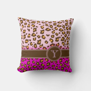 Leopard print pink brown monogram throw pillow