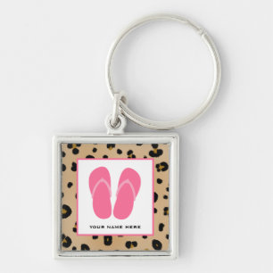 Leopard Print & Pink Flip Flops Personalised Key Ring