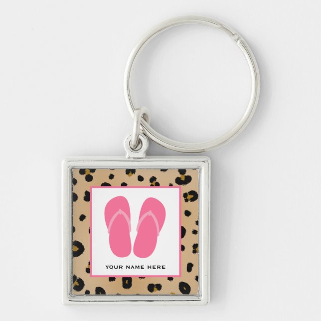 Leopard Print & Pink Flip Flops Personalised Key Ring (Front)