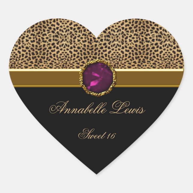 Leopard Print Pink Jewel Sweet 16 Heart Sticke Heart Sticker (Front)