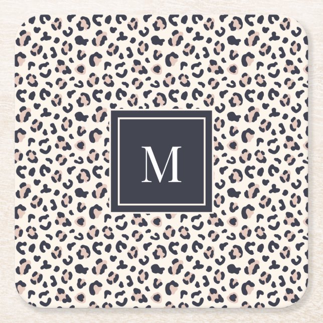 Leopard print pink monogram  square paper coaster (Front)