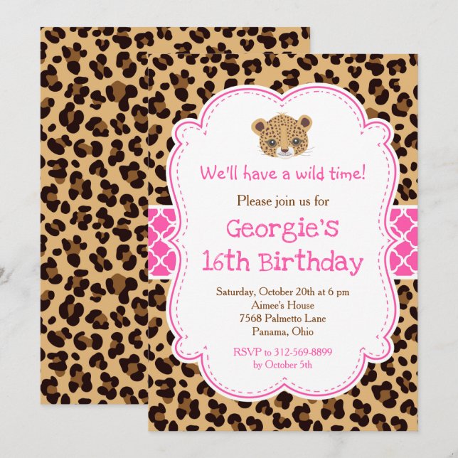 Leopard Print Pink Quatrefoil Birthday Party Invitation (Front/Back)