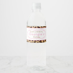 Leopard Print Pink Quatrefoil Birthday Party Water Bottle Label