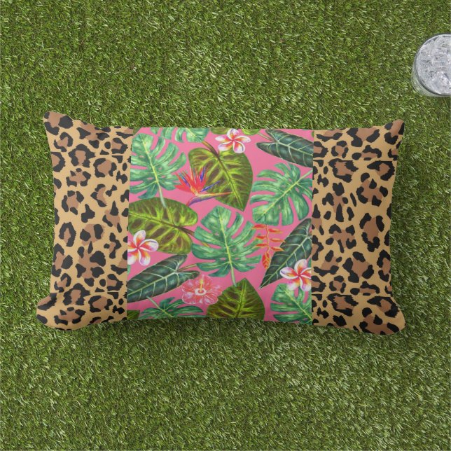 Leopard Print Pink Tropical Lumbar Throw Pillow (Grass)