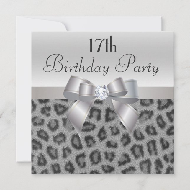 Leopard Print, Printed Bow & Diamond 17th Birthday Invitation (Front)