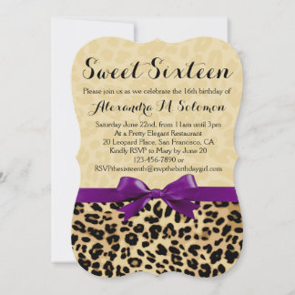 Leopard Print Purple Bow Sweet 16 Party Invitation