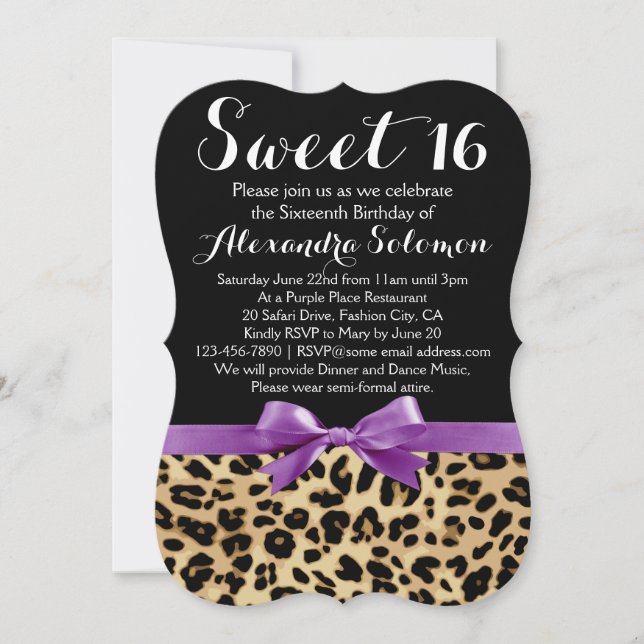 Leopard Print Purple Bow Sweet 16th Birthday Invitation (Front)