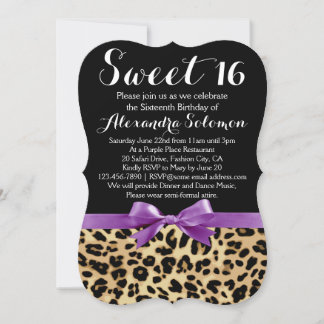Leopard Print Purple Bow Sweet 16th Birthday Invitation