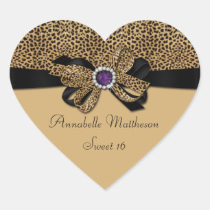 Leopard Print Purple Jewel Diamonds Sweet 16 Heart Heart Sticker