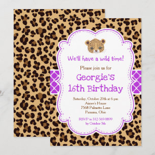 Leopard Print Purple Quatrefoil Birthday Party Invitation