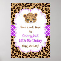 Leopard Print Quatrefoil Birthday Poster Purple