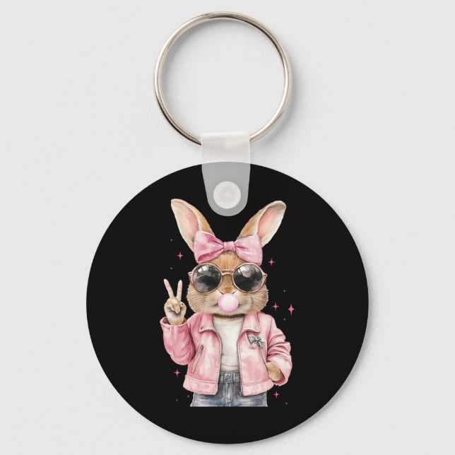 Leopard Print Rabbit Bunny Blowing Bubble Gum East Key Ring (Front)