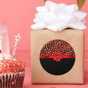 Leopard Print Red, Gold and Black with Red Bow Classic Round Sticker