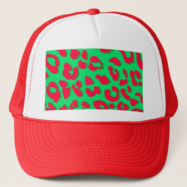 Leopard Print Red Green Trucker Hat (Front)