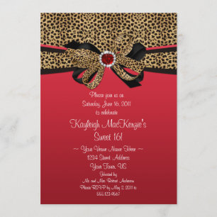 Leopard Print Red Jewels Diamonds Sweet 16 Invitation