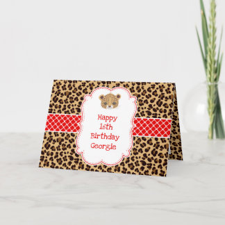 Leopard Print Red Quatrefoil Birthday  Card